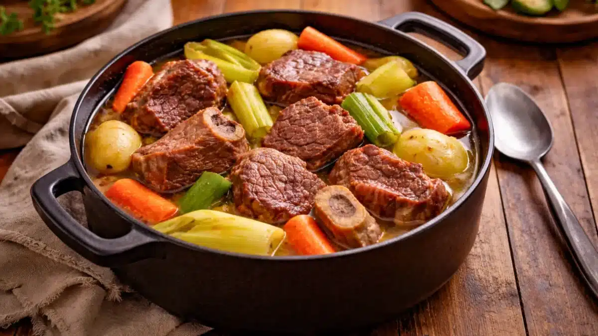 Pot-au-feu traditionnel au bœuf avec carottes, poireaux et pommes de terre dans une cocotte