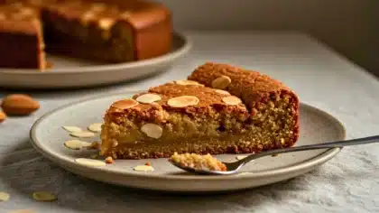 Part de frangipane façon brownie fondante à l’amande, garnie d’amandes effilées, servie sur une assiette avec une cuillère.
