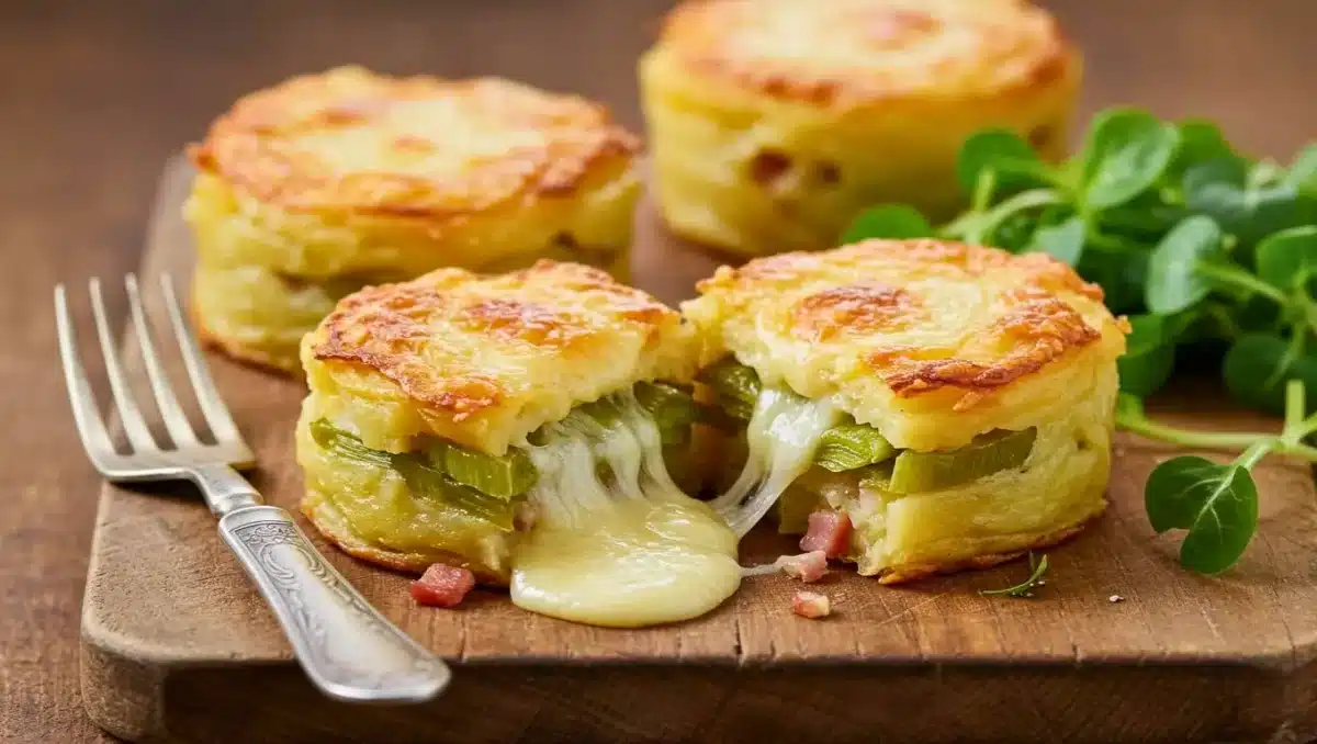 Gâteau de pommes de terre aux poireaux façon tartiflette avec cœur de reblochon fondant