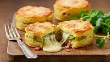 Gâteau de pommes de terre aux poireaux façon tartiflette avec cœur de reblochon fondant