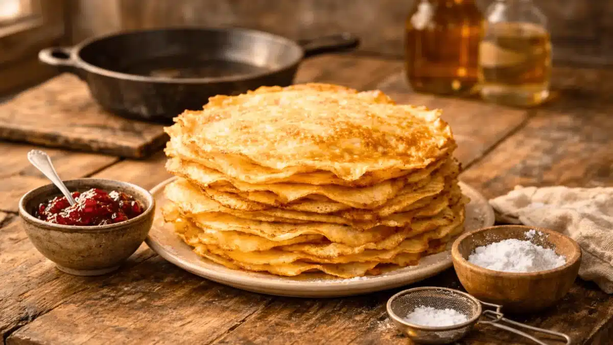 Pile de crêpes dorées et croustillantes préparées à la bière, servies sur une assiette, avec confiture et sucre glace.