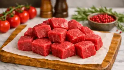 Des morceaux de bœuf crus, découpés en cubes épais, posés sur une planche en bois avec du papier cuisson.