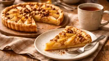 Part de tarte pomme poire aux épices servie sur une assiette, avec une tasse de thé en arrière-plan