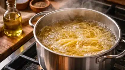 Pâtes en cours de cuisson dans une casserole d’eau bouillante avec une bouteille d’huile d’olive à côté