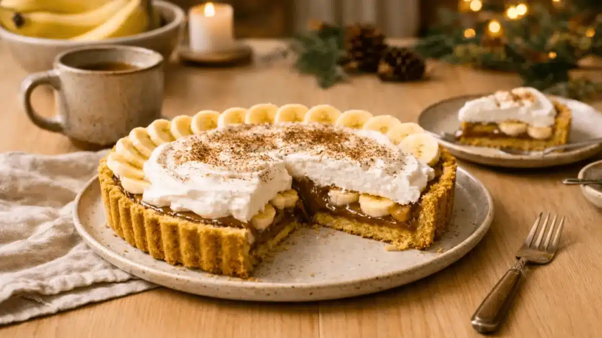 Une tarte banoffee découpée, garnie de crème fouettée, bananes et cacao, posée sur une table en ambiance chaleureuse.