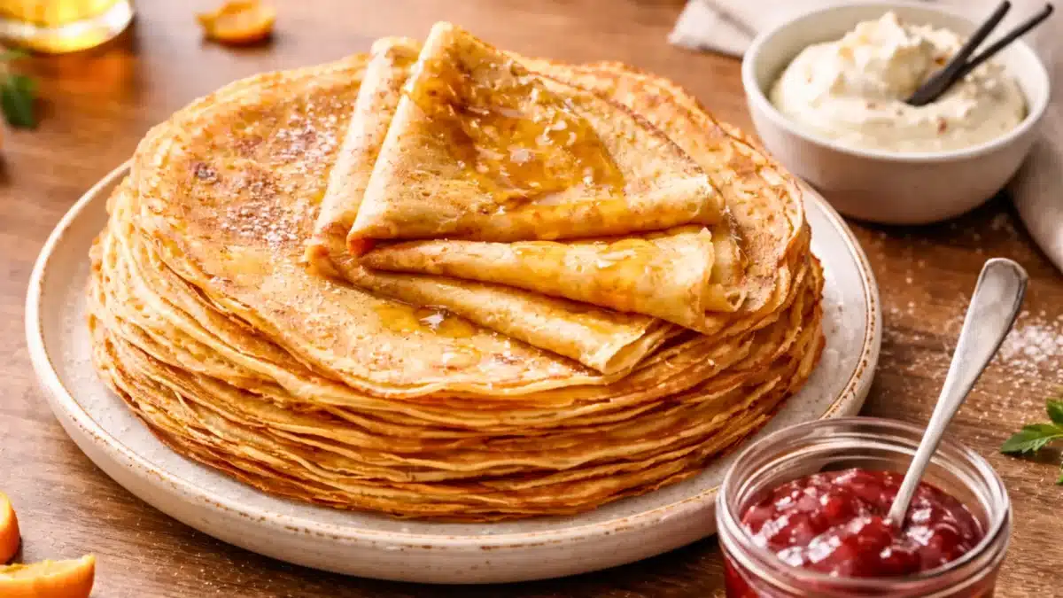 Pile de crêpes fines et dorées nappées de miel, servies avec confiture et crème fouettée sur une table en bois
