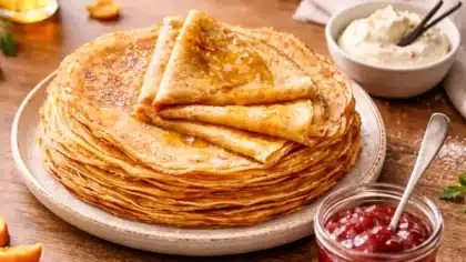 Pile de crêpes fines et dorées nappées de miel, servies avec confiture et crème fouettée sur une table en bois