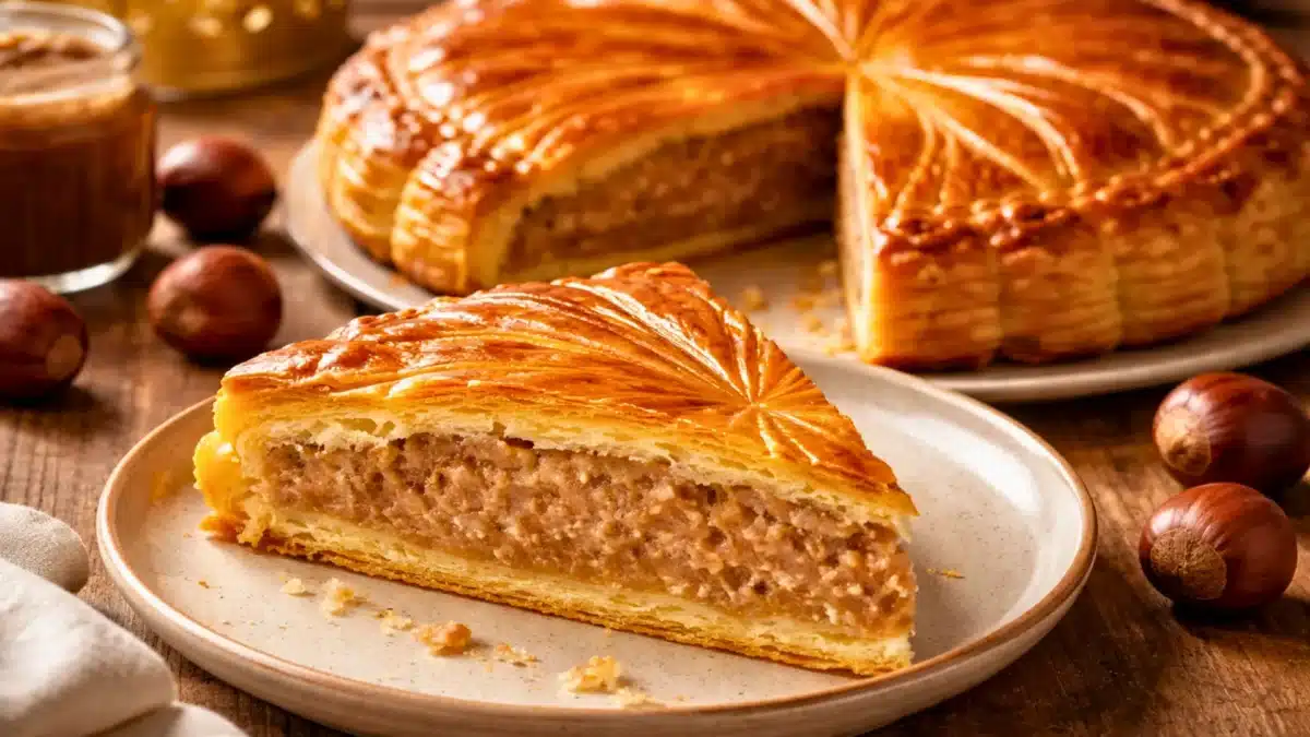Part de galette des rois feuilletée à la crème de marrons, dorée et fondante, servie sur une assiette avec la galette entière en arrière-plan