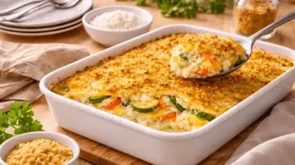 Un gratin doré aux légumes et cottage cheese dans un plat blanc, posé sur une table en bois clair avec des bols de chapelure et de fromage frais autour.