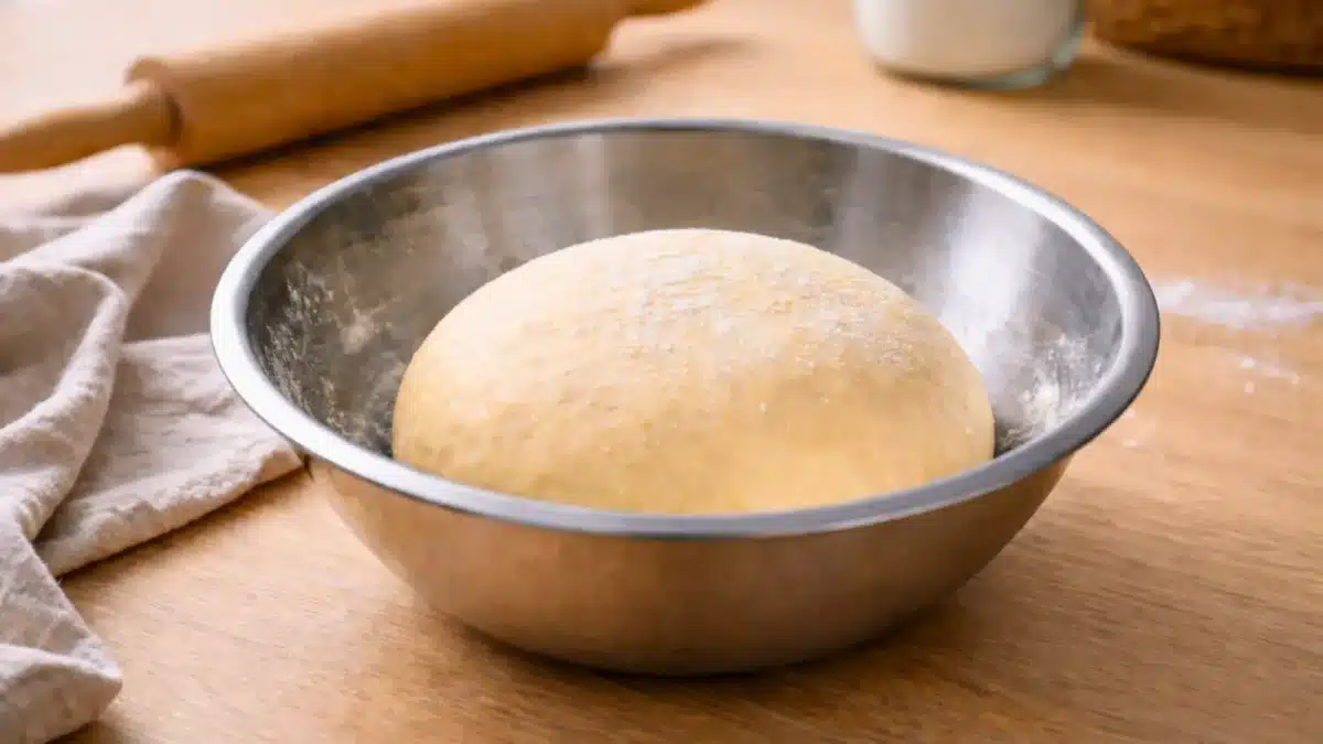 Pâte à tarte reposant dans un saladier en inox avant utilisation