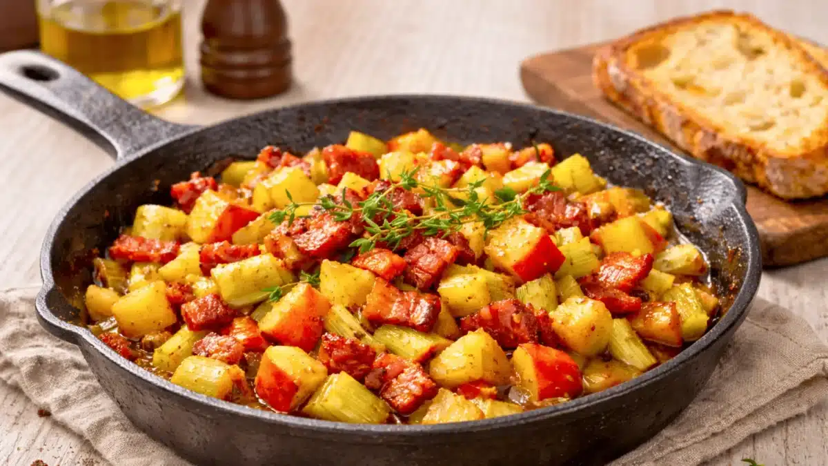 Une poêlée rustique de poireaux, pommes et lardons fumés, dorée à souhait dans une poêle en fonte.