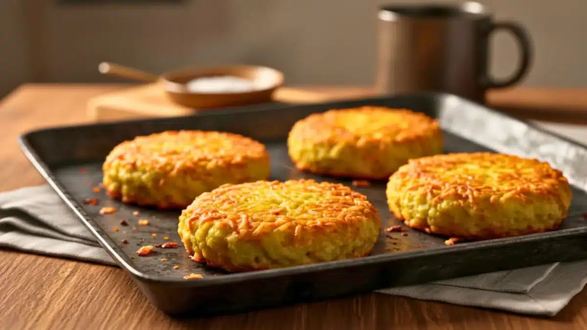 Galettes de pommes de terre dorées au four servies sur une assiette rustique avec herbes fraîches