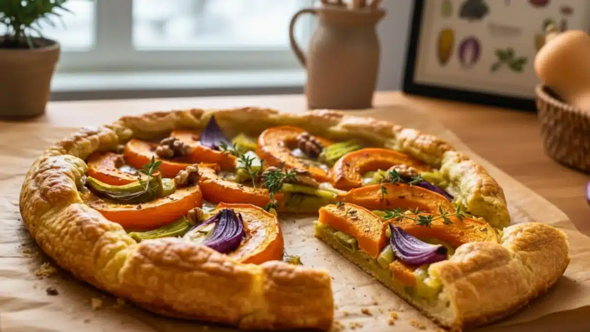 Une tarte rustique au potimarron sort du four, croustillante et dorée, posée sur une table en bois près d’une fenêtre d’hiver.