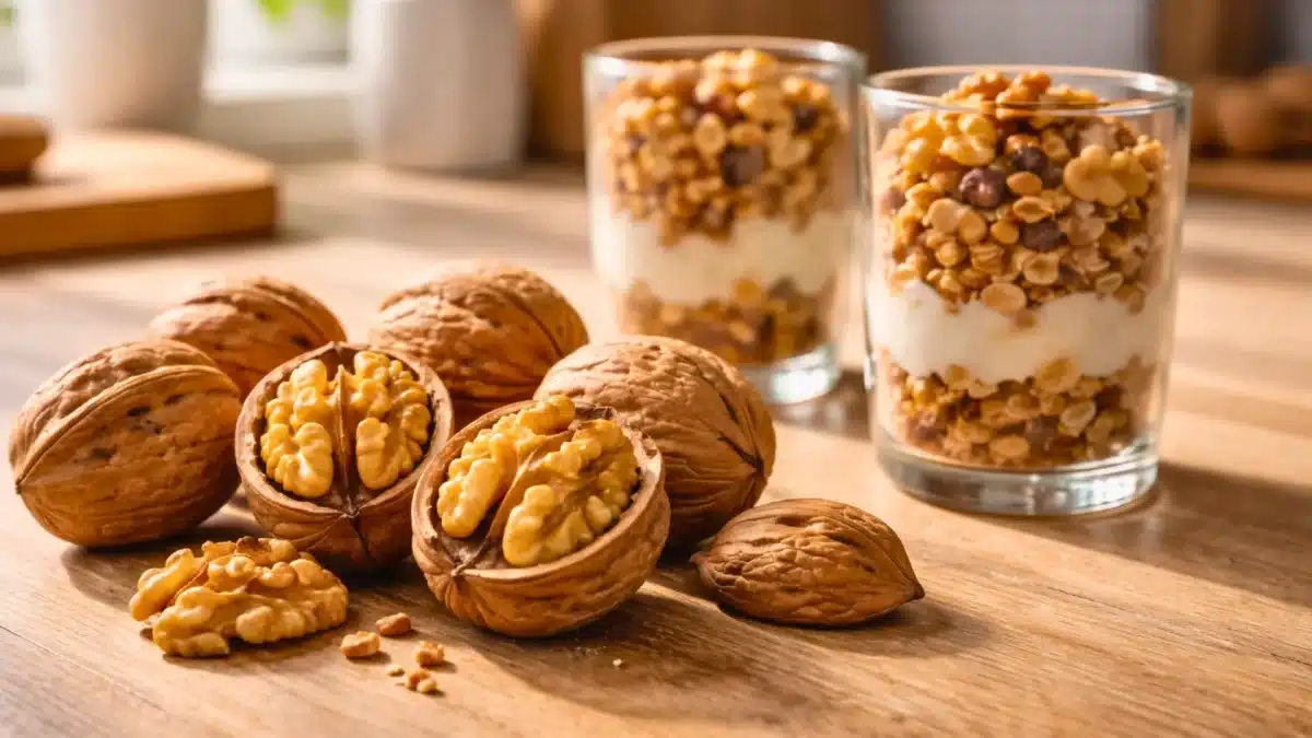 Noix entières et cerneaux de noix accompagnés de verrines de yaourt et granola sur une table en bois