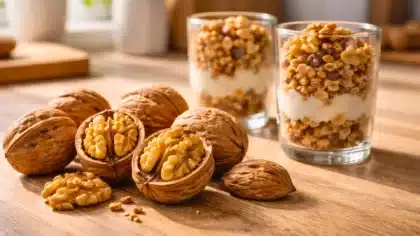 Noix entières et cerneaux de noix accompagnés de verrines de yaourt et granola sur une table en bois