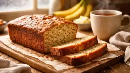 Un gâteau à la banane moelleux et doré, fraîchement tranché, posé sur une table en bois avec une tasse de thé fumant en arrière-plan.
