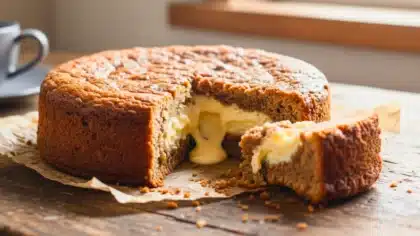 Gâteau aux marrons coupé en deux, laissant couler un cœur de crème fondante sur une table en bois.