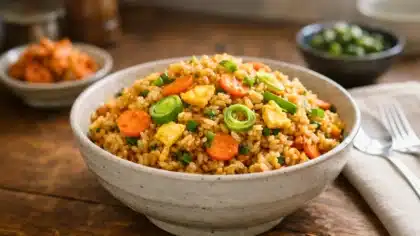 Bol de riz sauté aux carottes, poireaux et œufs sur une table en bois rustique.