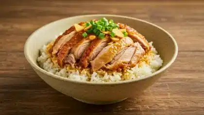 Bol de riz blanc avec poulet rôti caramélisé, sauce brillante et oignons verts, servi dans un bol en céramique.