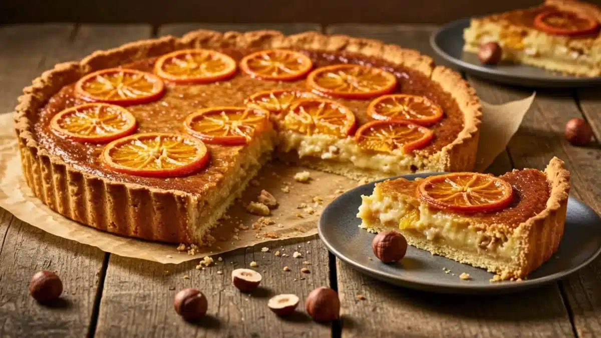 Tarte à la noisette et à l’orange caramélisée sur pâte sablée, avec une part découpée et servie sur une assiette