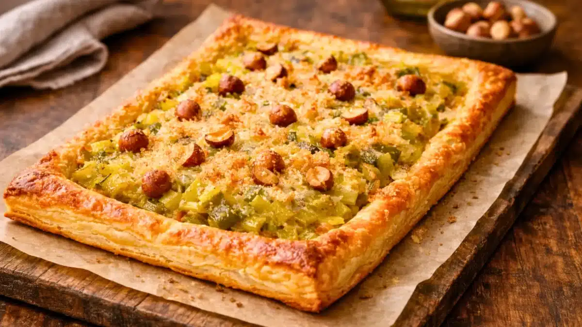 Tarte feuilletée aux poireaux, parmesan et noisettes dorées, cuite au four sur une planche en bois