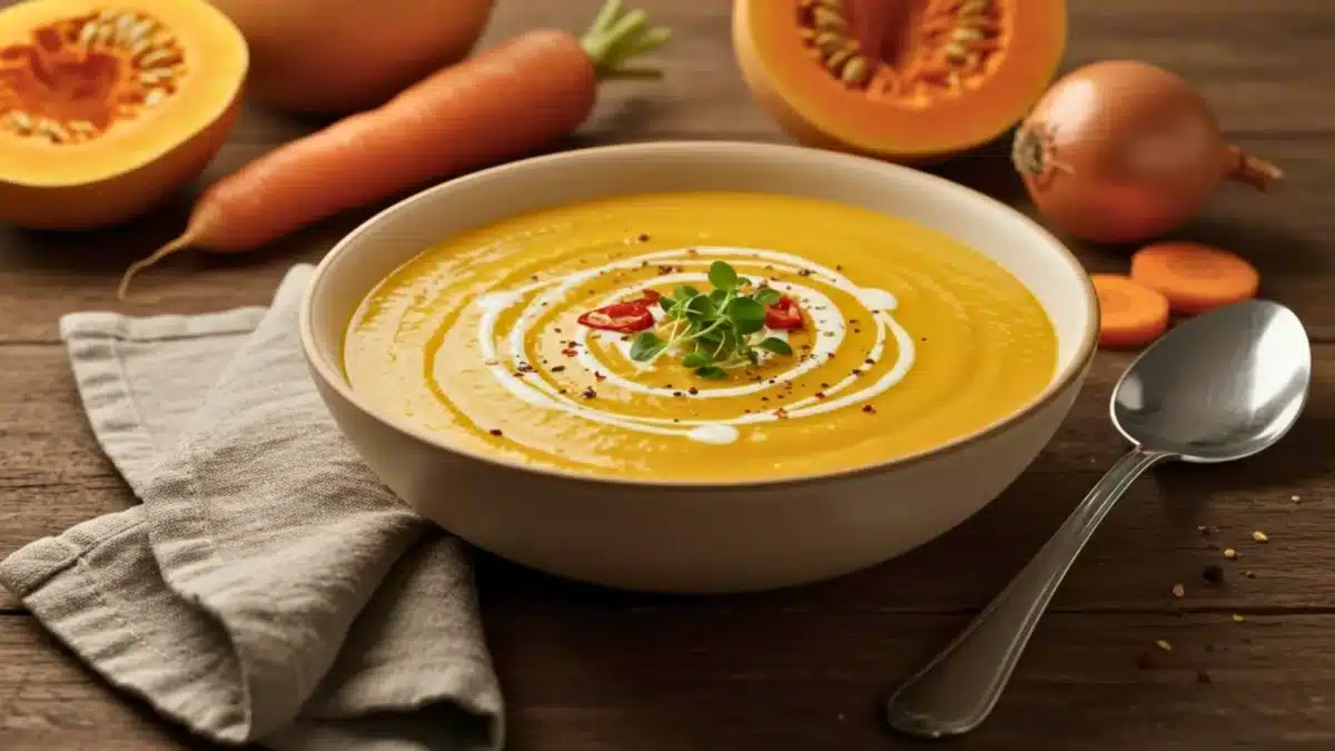 Bol de velouté de courge butternut crémeux garni de crème, micro-pousses et piment, avec carottes et courge en arrière-plan
