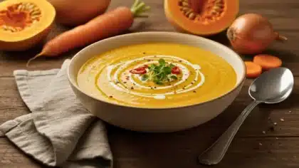 Bol de velouté de courge butternut crémeux garni de crème, micro-pousses et piment, avec carottes et courge en arrière-plan