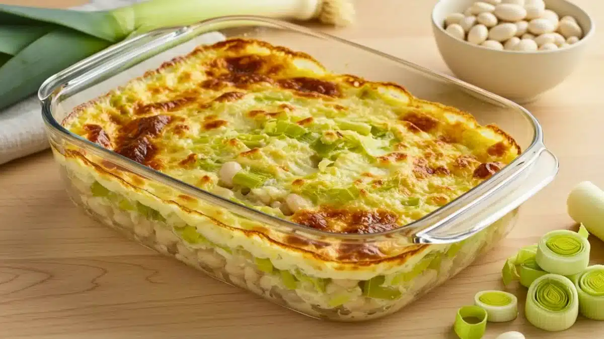 Gratin de poireaux et haricots blancs doré au four dans un plat en verre