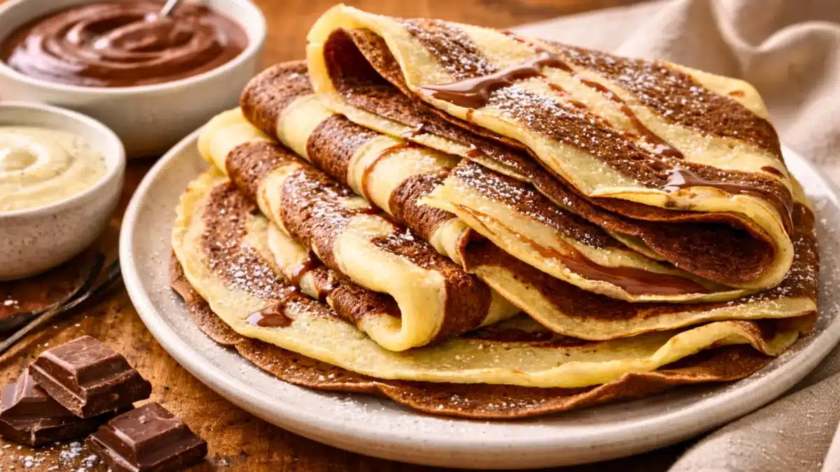 Crêpes bicolores chocolat et vanille empilées, saupoudrées de sucre glace avec sauce chocolat