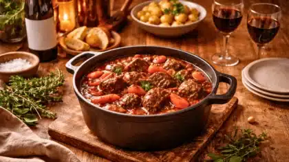 Une cocotte en fonte remplie de bœuf bourguignon fumant, posée sur une table rustique avec vin, pommes de terre et herbes fraîches.