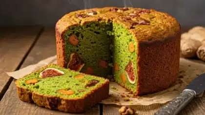 Cake à la pistache vert intense aux fruits secs et figues, coupé en tranches, à la texture moelleuse et dorée, présenté sur une table en bois.