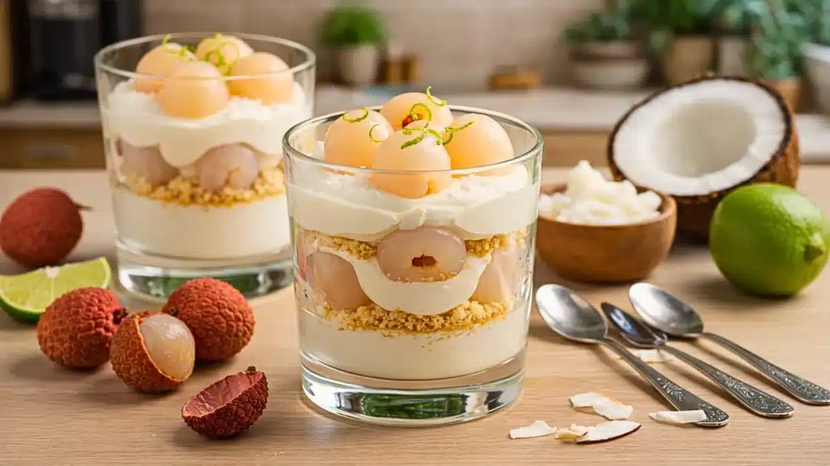 Verrines de tiramisu litchi coco sans café ni cacao, garnies de litchis juteux et de crème coco onctueuse