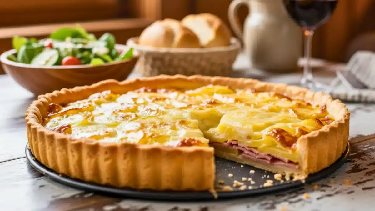 Tarticlette dorée sortant du four avec fromage à raclette fondu et pommes de terre sur une pâte croustillante.