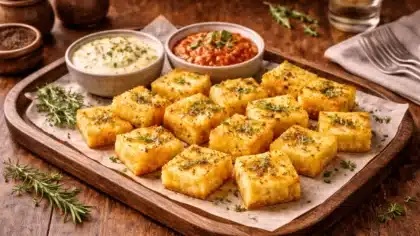 Carrés de polenta dorés aux herbes, servis avec deux sauces dans un plateau en bois sur table rustique.