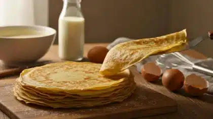 Pile de crêpes maison fines et dorées en cours de préparation sur une planche en bois avec œufs et lait