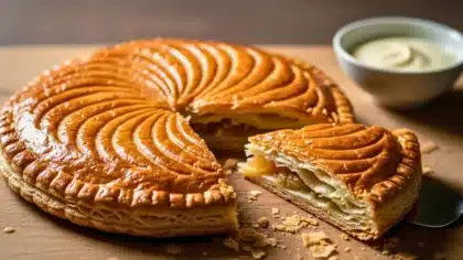 Une galette des rois dorée, partiellement tranchée, laisse tomber quelques miettes sur une planche en bois.