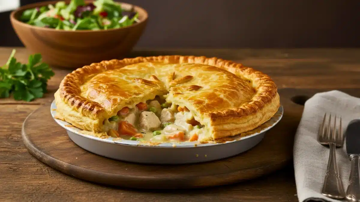 Tourte au poulet dorée, pâte feuilletée croustillante légèrement ouverte laissant s’échapper la vapeur et révélant une garniture crémeuse.