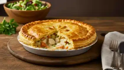 Tourte au poulet dorée, pâte feuilletée croustillante légèrement ouverte laissant s’échapper la vapeur et révélant une garniture crémeuse.