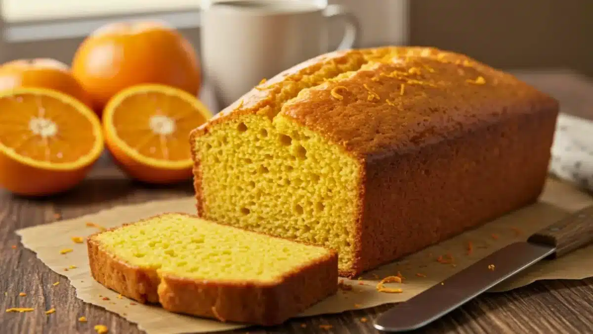 Cake à l’orange moelleux et doré, coupé en tranches, avec des oranges fraîches en arrière-plan