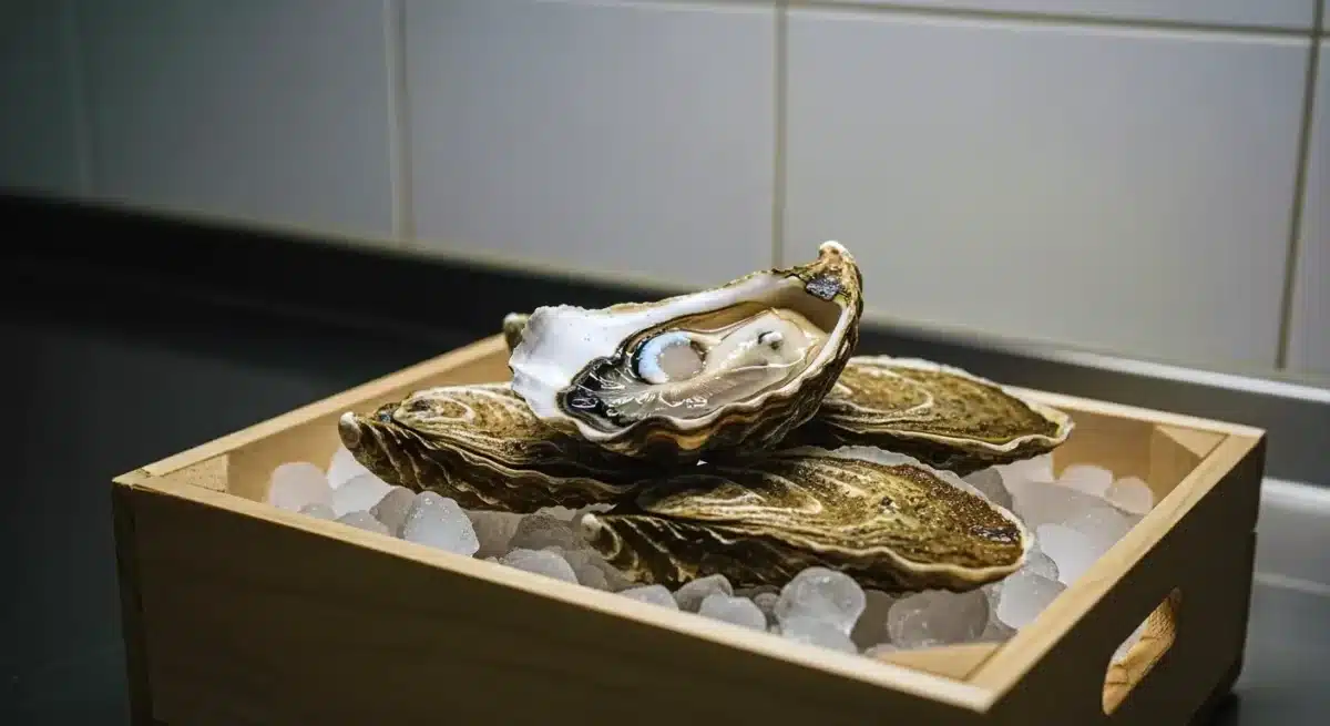 Huîtres fraîches dans leur coquille posées sur de la glace dans une boîte en bois, illustrant une méthode de conservation au froid.