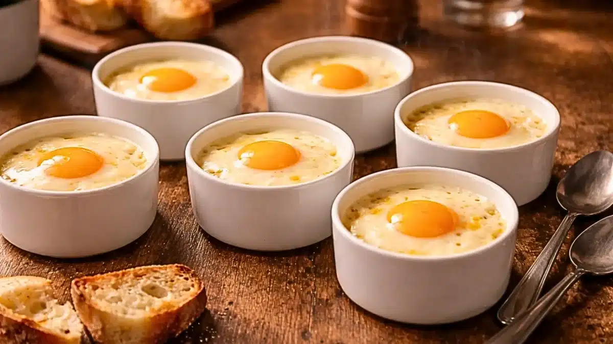 Œufs cocotte maison dans des ramequins blancs avec jaunes d’œufs coulants, posés sur une table en bois