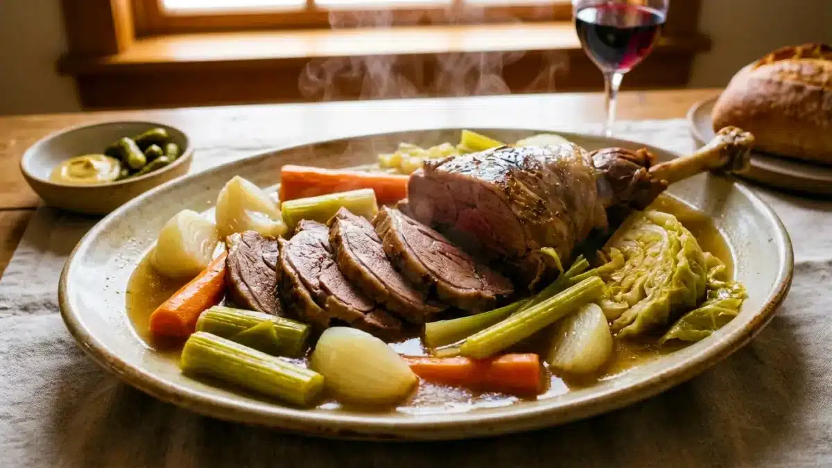 Gigot d’agneau mijoté lentement dans un bouillon parfumé, entouré de légumes fondants, servi fumant sur une grande table en bois.