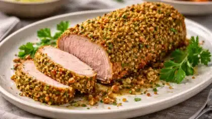 Filet mignon de porc tranché, recouvert d’une croûte de noisettes et d’herbes fraîches, servi sur une assiette avec du persil