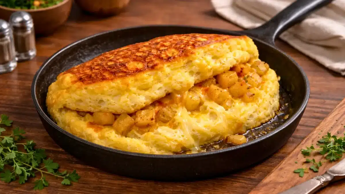 Omelette soufflée dorée et épaisse, garnie de dés de pommes de terre croustillants et de fromage fondant, servie dans une poêle en fonte sur table en bois.