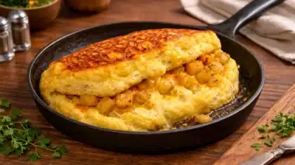 Omelette soufflée dorée et épaisse, garnie de dés de pommes de terre croustillants et de fromage fondant, servie dans une poêle en fonte sur table en bois.