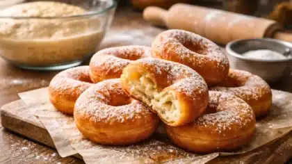 Beignets maison dorés et saupoudrés de sucre glace, dont un ouvert révélant une mie très aérée et moelleuse, avec pâte levée en arrière-plan.