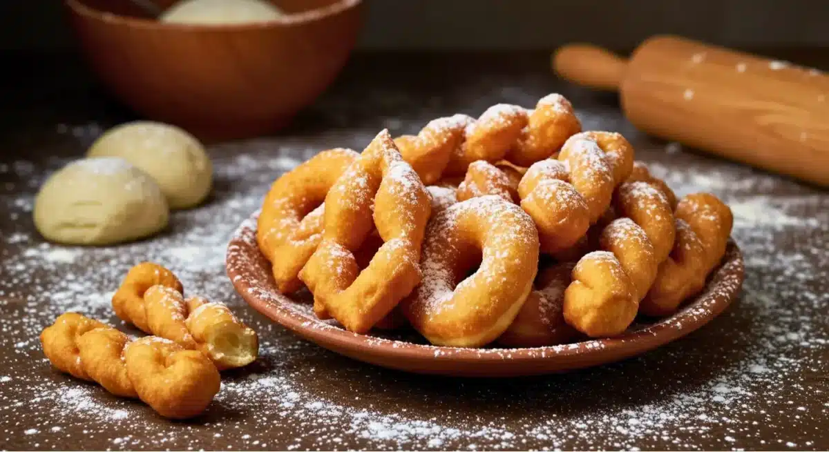 eignets alsaciens dorés saupoudrés de sucre glace sur une assiette.