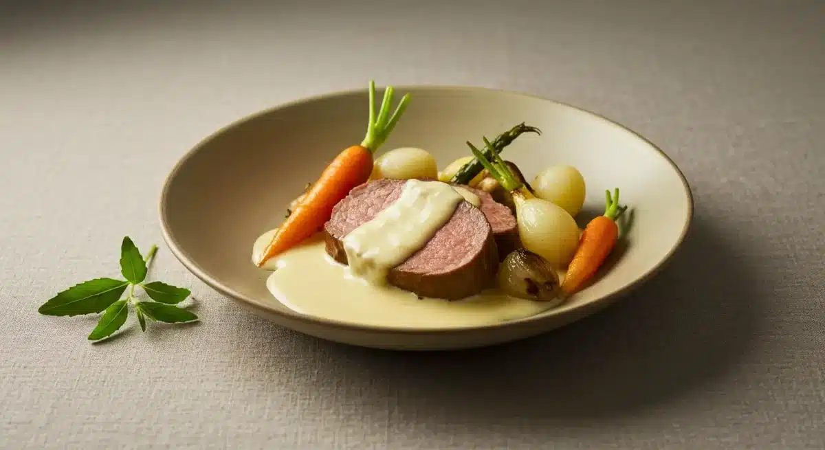 Blanquette de veau servie avec légumes et sauce crémeuse dans une assiette.