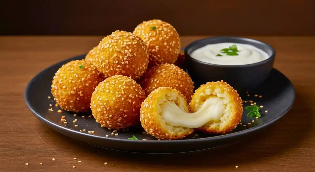Bouchées croustillantes au sésame garnies de fromage fondant, servies avec une sauce.
