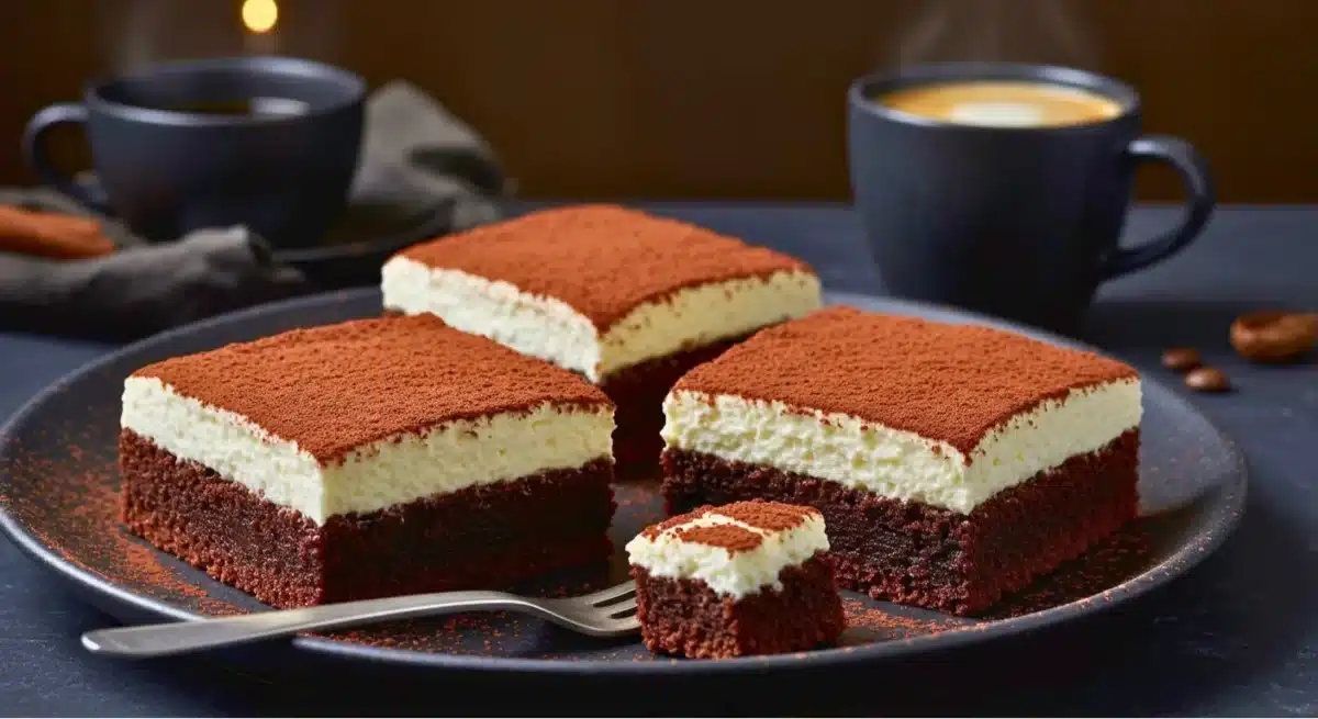 Carrés de brownie tiramisu avec couche de crème mascarpone et cacao.